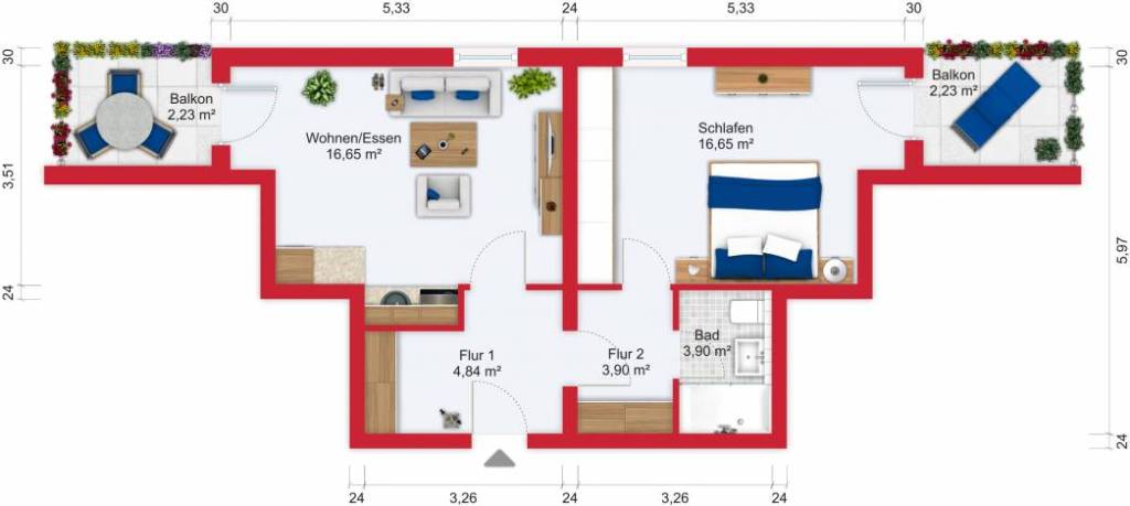 Grundriss / Wohnplan - Miete 2ZW Sulzbach mit 50,4m²
