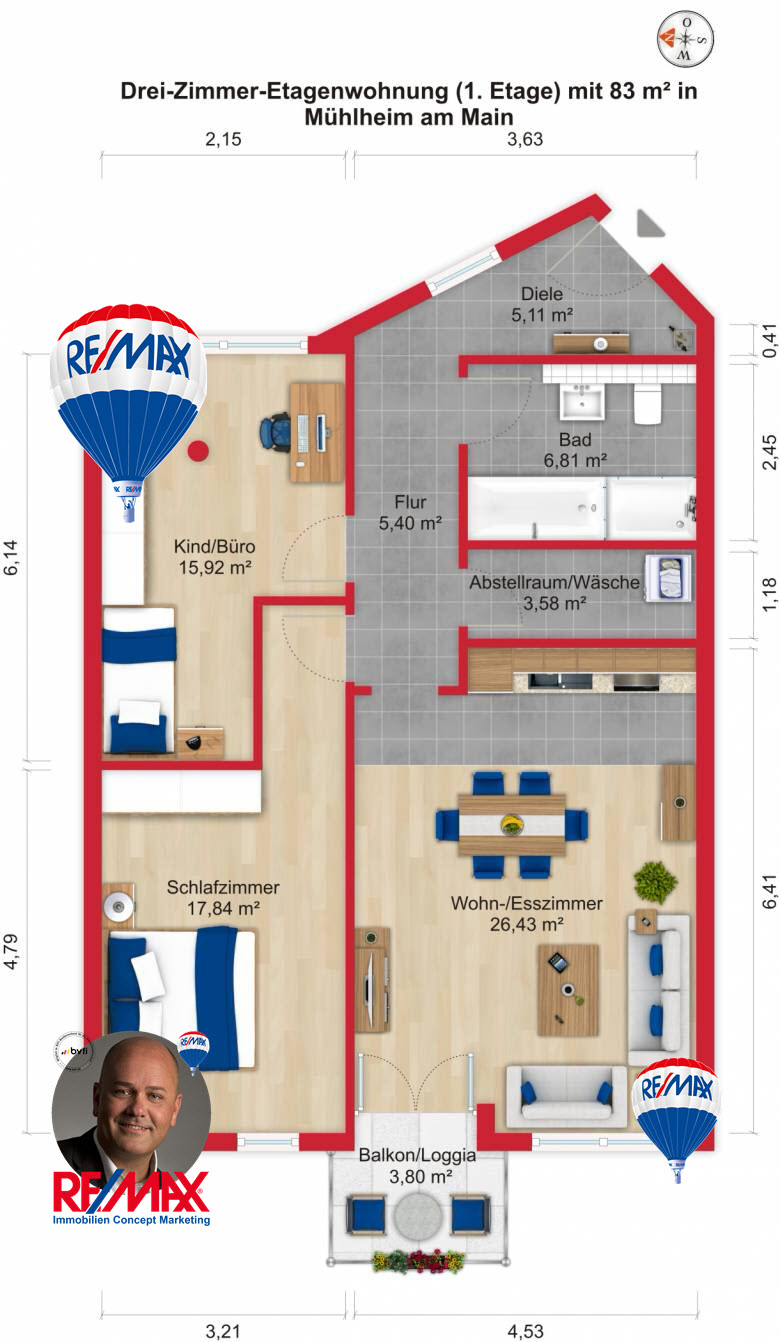 Grundriss / Wohnplan: Kauf 3ZETW Mühlheim am Main mit 83m²